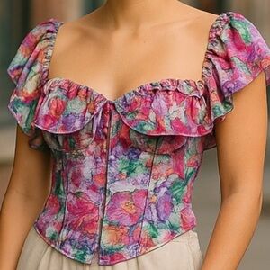 Floral Pink Corset Cottagecore Feminine Cosplay Bustier RenFaire Boning Women XL